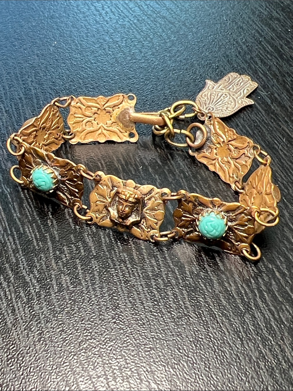 Vintage Czech Turquoise Blue Glass Egyptian Revival Etruscan Gold Panel Bracelet - Picture 12 of 12